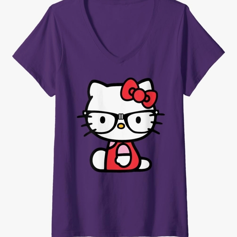 Ladies Hello Kitty Nerd Glasses Purple V-Neck T-Shirt-XL